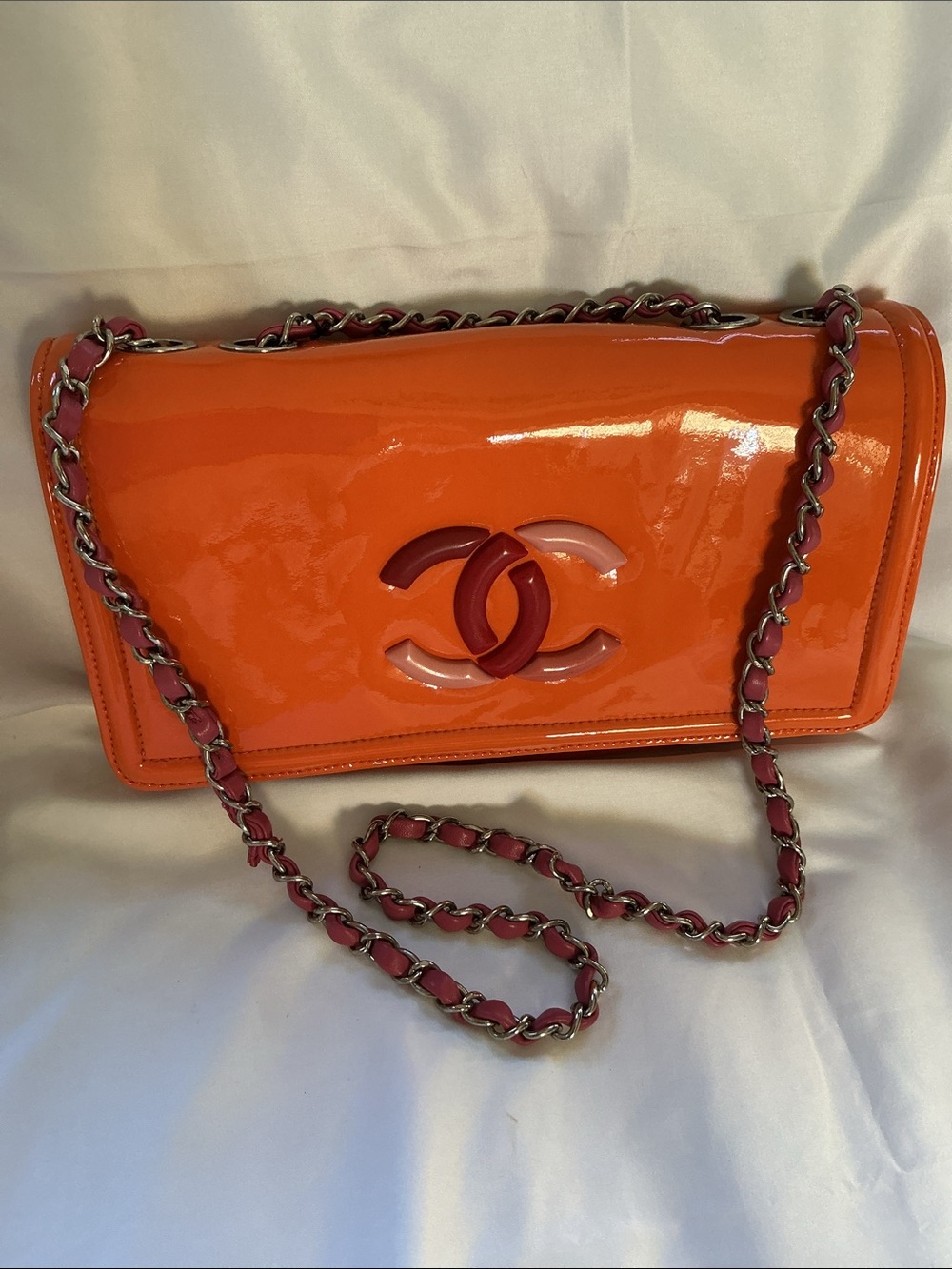 Offer ✨💥Chanel Chic Orange/ Pink Patent Leather Shoulder  Lipstick bag So Cute!